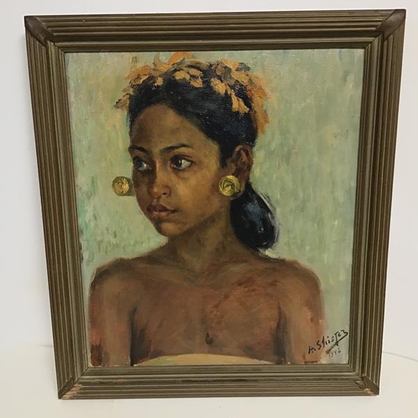 H. Shistez, Portrait of a Young South East Asian Girl with Gold Earrings, half length portrait,