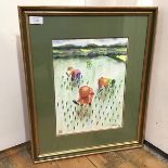 Farmers Harvesting in a Rice Paddy, watercolour on paper, red seal bottom left, signed and dated