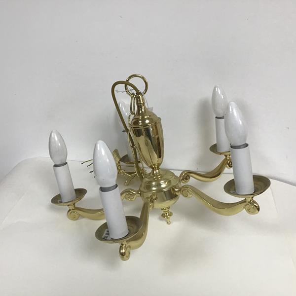 A five arm brass chandelier (max height: 33cm. w.44cm)