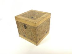 An Indian square lidded box, the hinged top enclosing a blue painted interior, decorated with