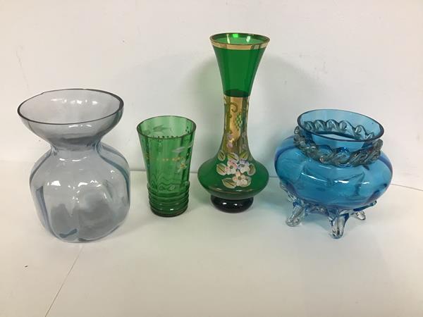 A mixed lot of glassware including a blue glass vase with a faceted edge over a wave motif neck with