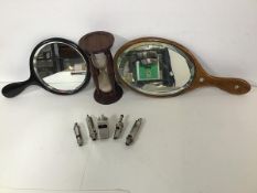 A mixed lot comprising a bevelled glass oval dressing table mirror with inlaid mother of pearl (33cm