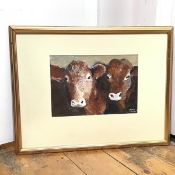 George McMillan, Portrait of Two Brown Cows, mixed media, signed bottom right (19cm x 27cm)