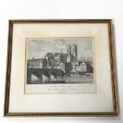 An 18thc framed coloured lithographic print of Westminster Abbey with Whitehall and Westminster