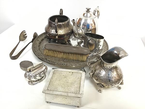 An Epns milk jug and sugar basin, a plated morning teapot, an Epns waiter (d.31cm), a Queen Anne