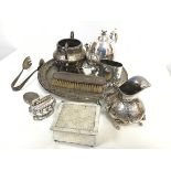 An Epns milk jug and sugar basin, a plated morning teapot, an Epns waiter (d.31cm), a Queen Anne