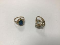 A 9ct gold water opal and diamond cluster ring (missing one opal) (T/N) and a 9ct gold opal