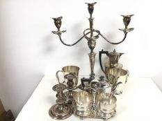 An Epns Adam style three branch candelabrum (h.47cm), a pair of Epns tankards, an Epns hot water