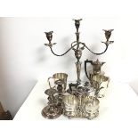 An Epns Adam style three branch candelabrum (h.47cm), a pair of Epns tankards, an Epns hot water