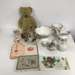 A mixed lot including two teddy bears (worn), a Dick Whittington and his cat ceramic figurine, a