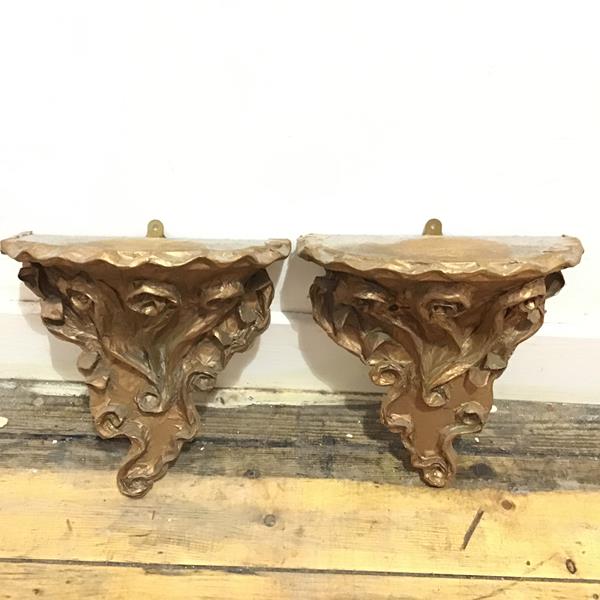 A pair of demi lune topped paper mache mounted scroll wall brackets (23cm x 22cm)