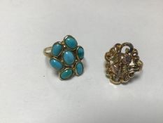 A 9ct gold turquoise set cluster ring (P/O), a 9ct three coloured gold openwork leaf and scroll ring