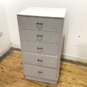 A tall chest of five graduated drawers, c.1970, in grey painted finish, formerly with mirror or