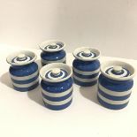 A set of five TG Green & Co. Ltd Cornish Kitchenware blue striped spice jars (one with crack and