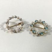 Two cultured pearl wreath-form brooches, one spaced by colourless stones in leaf settings, the other