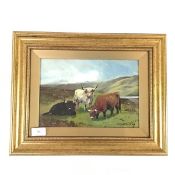 C.W. Middleton (British, fl. 1900), Highland Cattle, oil on panel, signed lower right, framed.