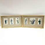 A set six Chinese watercolour studies, c. 1900, framed as a pair, depicting ladies at work and play,