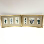 A set six Chinese watercolour studies, c. 1900, framed as a pair, depicting ladies at work and play,