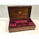 A satinwood-inlaid burr walnut work box, mid-19th century, of plain rectangular form, the cover with