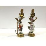 A pair of German porcelain figural table lamps, c.1920 modelled as a lady and gentleman in 18th
