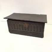 An oak bible box, c. 1700, of rectangular form, the overhanging cover (possibly replaced) over a