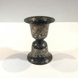 A Bidri silver-inlaid spittoon, Deccan, India, 19th century, of characteristic hourglass shape, on a
