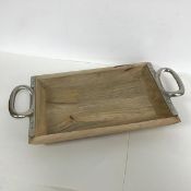 A wooden drinks tray mounted with metal handles (7cm x 49cm x 25cm)