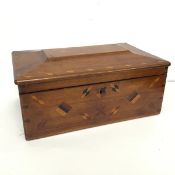 A workbox, c.1900, inlaid with geometric patterns, the rectangular hinged top opening to a fitted