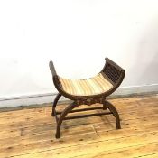 A mahogany and inlaid X frame stool, the padded back flanked by slatted sides, above a seat rail