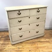 A late 19thc white painted chest, the rectangular top with moulded edge above two short and three