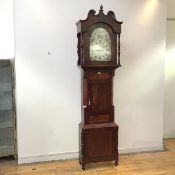 A mid 19thc. moon face longcase clock by Samuel Kellett of Bredbury, the arched painted dial with