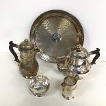 An Epns tea and coffee set including a tea pot with quatrefoil design knop and leaf decoration to