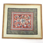 An embroidered silk panel with a central red field with floral design, all within a border with