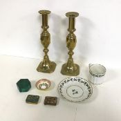 A mixed lot comprising a pair of brass candlesticks with faceted knops (28cm), also a malachite pill