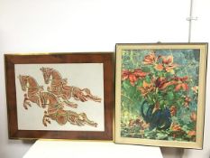 Indian School, Three Galloping Horses in elaborate Tack, pastel (38cm x 50cm) and a framed print