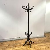 A modern black painted bentwood hat and coat stand, the reeded finial and turned shaft with scroll