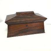 A Victorian rosewood sarcophagus shaped tea caddy, later converted to jewellery box, with velvet