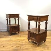A handsome pair of late 19thc French walnut bedside tables, each with carrara marble top above a