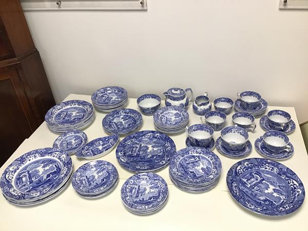 A large assortment of Spode Italianware including teapot, milk jug, sugar bowl, teacups, plates of