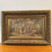 A coloured print on board, depicting a scene in Roman Egypt, in ornate frame (41cm x 77cm)