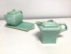 A 1930s G. Clews & Co. Ltd. Art Deco style tea and coffee set with tray with a mottled mint green