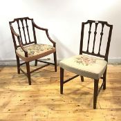 A pair of 19thc mahogany armchairs in the Sheraton style, each rectangular shaped back with raised