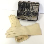 A pair of Webb's buckskin gloves (7), a lady's bag depicting an 18thc tavern scene with dancing