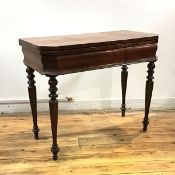 A French mid 19thc mahogany tea table, the rectangular top with canted corners above a moulded