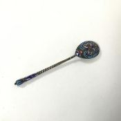 A Russian enamelled silver teaspoon with a barley twist stem foliate decoration, marked 84 (13cm) (