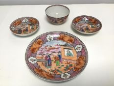 A group of Newhall porcelain table wares circa 1800 in the Boy in the Window pattern (d.21cm),