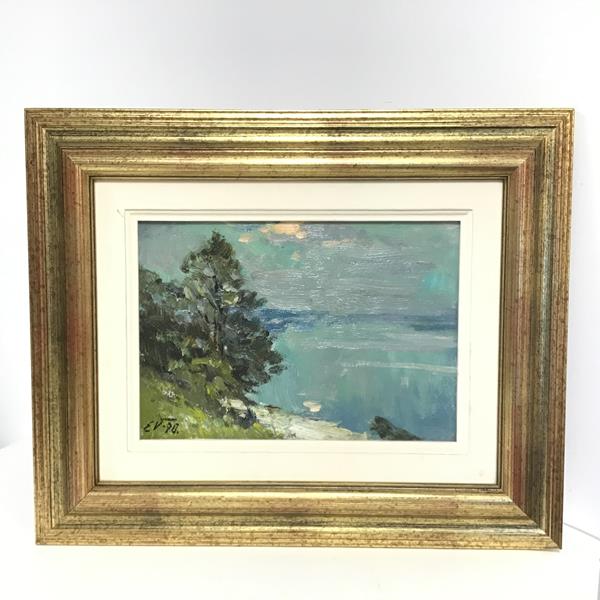 Continental School, Coastal Scene with Trees and Beach, oil on board, signed and dated bottom