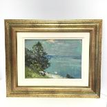 Continental School, Coastal Scene with Trees and Beach, oil on board, signed and dated bottom