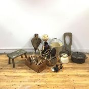 A collection of Scottish Highland household necessities including a creepie stool, a pair of