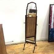 A 1950s mahogany framed cheval mirror, the rectangular plate within a pair of square section